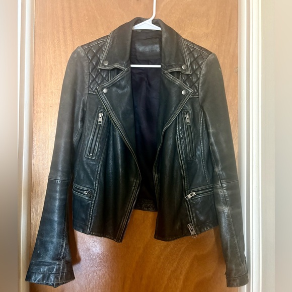 All Saints Distressed Leather Biker Jacket - Picture 5 of 11
